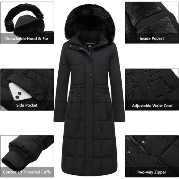 Women's Winter Coat Long Waterproof Parka - Warm Black - Picture 4 of 7